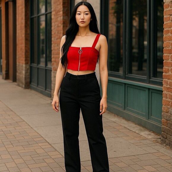 SEEK The Label Faux Suede Crop Top Red Front Zip Bustier Blouse Women's Size S - Picture 3 of 10